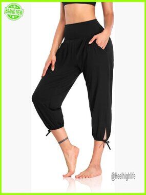 High Waisted Yoga Joggers with Pockets, Loose Fit Capri Pants for Workout